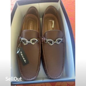 Tahari Men's Brown Leather Slip-On Moccasins with Chain Detail Size 10